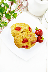 Image showing Scones with strawberry in plate on light board top