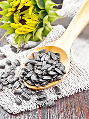 Image showing Seeds sunflower in spoon on dark board