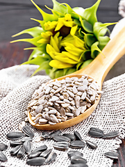 Image showing Seeds sunflower in spoon with flower on table