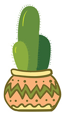 Image showing Three linear-shape cacti in a beautiful decorated earthen pot pr