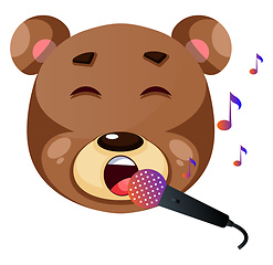 Image showing Cute brown bear singing karaoke, illustration, vector on white b