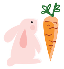Image showing A pink rabbit looking at the big orange carrot vector color draw