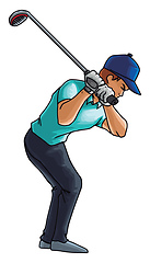 Image showing Golf player swings with a golf club, illustration, vector on whi