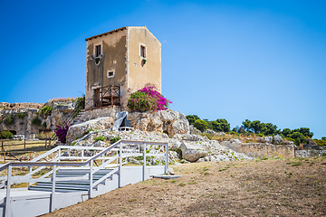 Image showing Sicily, Italy. Old house with purple flowers in Syracuse.