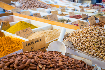 Image showing Traditional almonds and pistachios market in South Italy