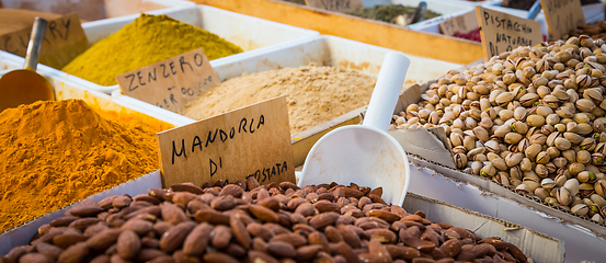 Image showing Traditional almonds and pistachios market in South Italy