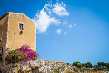 Image showing Sicily, Italy. Old house with purple flowers in Syracuse.