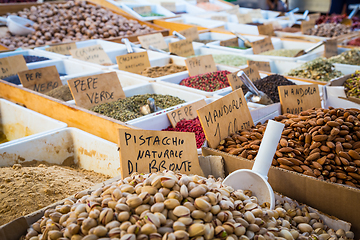 Image showing Traditional almonds and pistachios market in South Italy