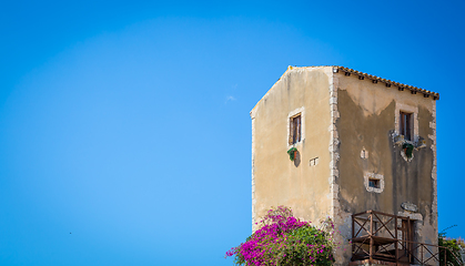 Image showing Sicily, Italy. Old house with purple flowers in Syracuse.