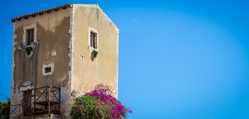 Image showing Sicily, Italy. Old house with purple flowers in Syracuse.