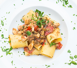 Image showing Italian Paccheri pasta  with Swordfish