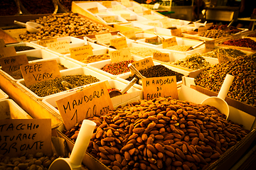 Image showing Traditional almonds and pistachios market in South Italy