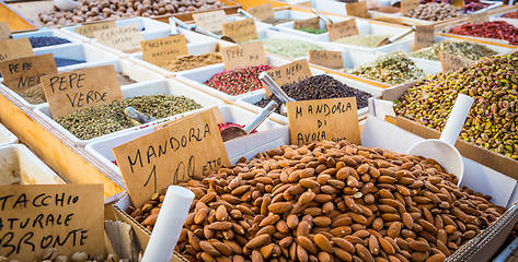 Image showing Traditional almonds and pistachios market in South Italy