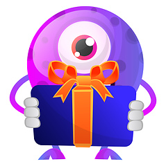 Image showing Purple monster holding a gift pack illustration vector on white 