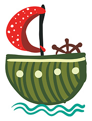 Image showing Green round boat with red polka dot sail vector or color illustr