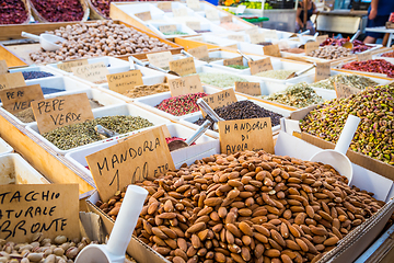 Image showing Traditional almonds and pistachios market in South Italy