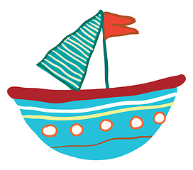 Image showing Blue small boat with red flag vector or color illustration