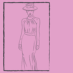 Image showing Woman wearing a fashionable dress and hat vector or color illust