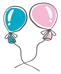 Image showing Two blue and pink colored balloons tied to individual strings in