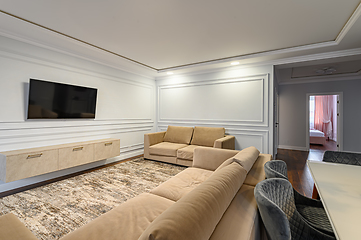 Image showing Luxury grey and white modern kitchen and living room