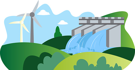 Image showing Illutration of windmill and hydroelectric energy as a eco source