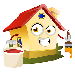 Image showing House is holding paint brush and bucket, illustration, vector on