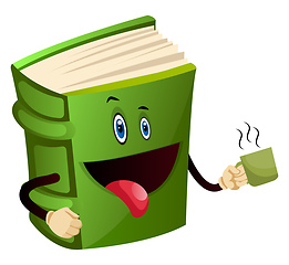 Image showing Green book is drinking a cup of coffee, illustration, vector on 