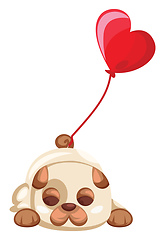 Image showing Brown and white puppy laying with a big red balloon tied on his 