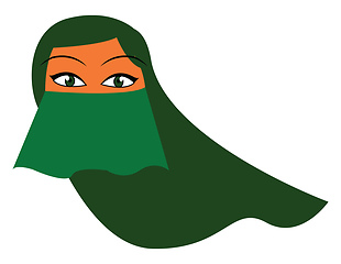 Image showing A woman with her head and face covered with a green scarf burqa 