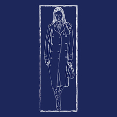 Image showing Line art of a woman wearing a stylish coat over blue background 