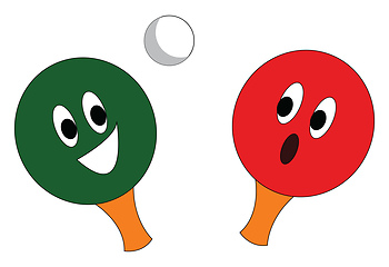 Image showing A red and a green table tennis rackets  and a white ping pong ba