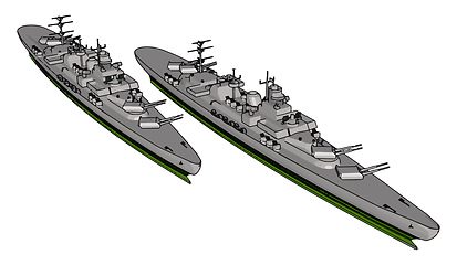 Image showing 3D vector illustration of a two long grey military ships on a wh