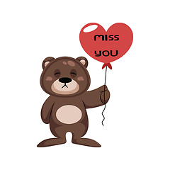 Image showing Brown teddy bear holding heart shaped balloon saying Miss you ve