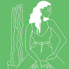 Image showing Girl and cactus, vector or color illustration.