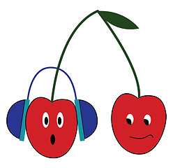 Image showing As two cherry fruits hang from a branch the one with headphones 