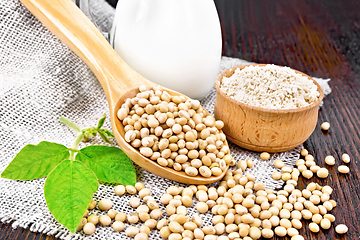 Image showing Soybeans in spoon with flour on board