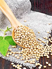 Image showing Soybeans in spoon with leaf on wooden board