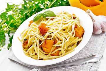 Image showing Spaghetti with pumpkin in plate on white board