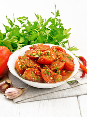 Image showing Tomatoes Korean in plate on wooden board