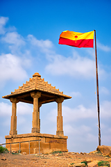 Image showing Jaisalmer flag near Bada Bagh cenotaphs Hindu tomb mausoleum . Jaisalmer, Rajasthan, India