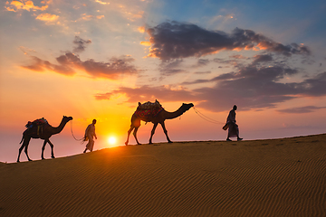 Image showing Indian cameleers camel driver with camel silhouettes in dunes on sunset. Jaisalmer, Rajasthan, India