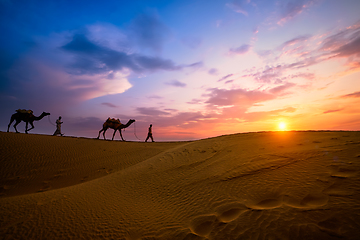 Image showing Indian cameleers camel driver with camel silhouettes in dunes on sunset. Jaisalmer, Rajasthan, India