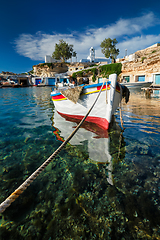 Image showing Fishing boats in harbour in fishing village of Mandrakia, Milos island, Greece