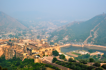 Image showing View of Amer Amber fort and Maota lake, Rajasthan, India