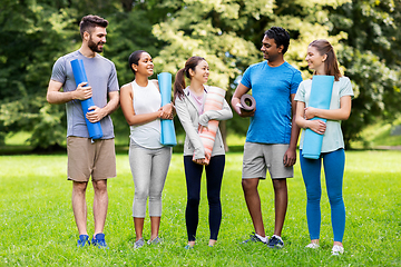 Image showing group of happy people with yoga mats at park