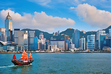 Image showing Junk boat in Hong Kong Victoria Harbour