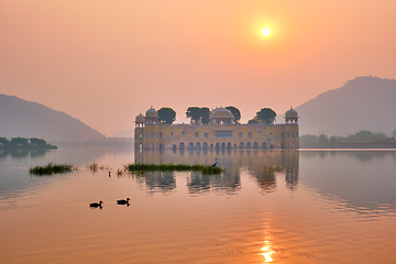 Image showing Tranquil morning at Jal Mahal Water Palace at sunrise in Jaipur. Rajasthan, India