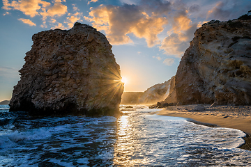 Image showing Fyriplaka beach on sunset, Milos island, Cyclades, Greece