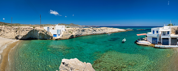 Image showing Crystal clear blue water at MItakas village beach, Milos island, Greece.