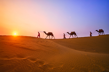 Image showing Indian cameleers camel driver with camel silhouettes in dunes on sunset. Jaisalmer, Rajasthan, India